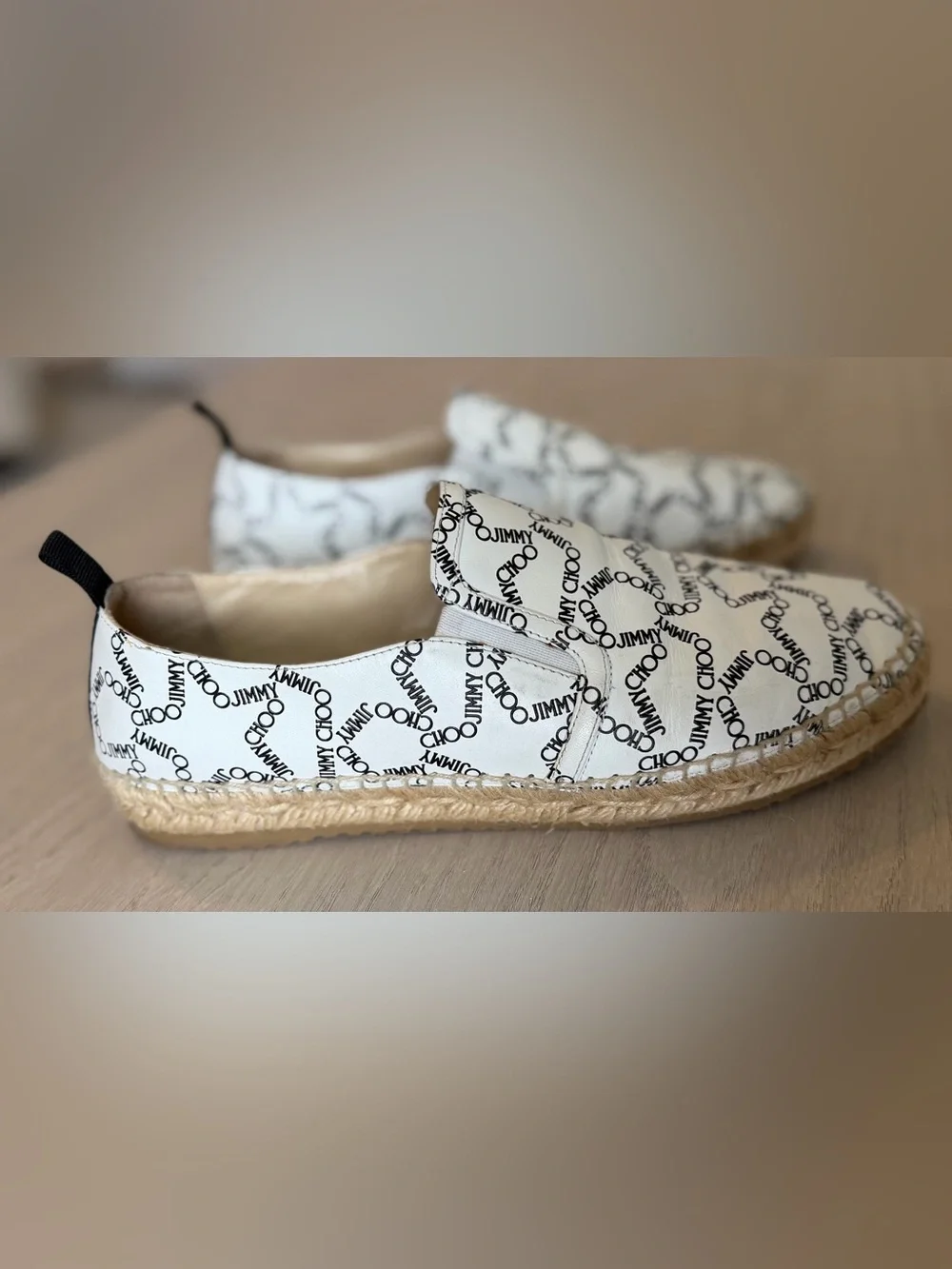 Jimmy Choo White and Black Stars Logo Espadrille Slip-Ons